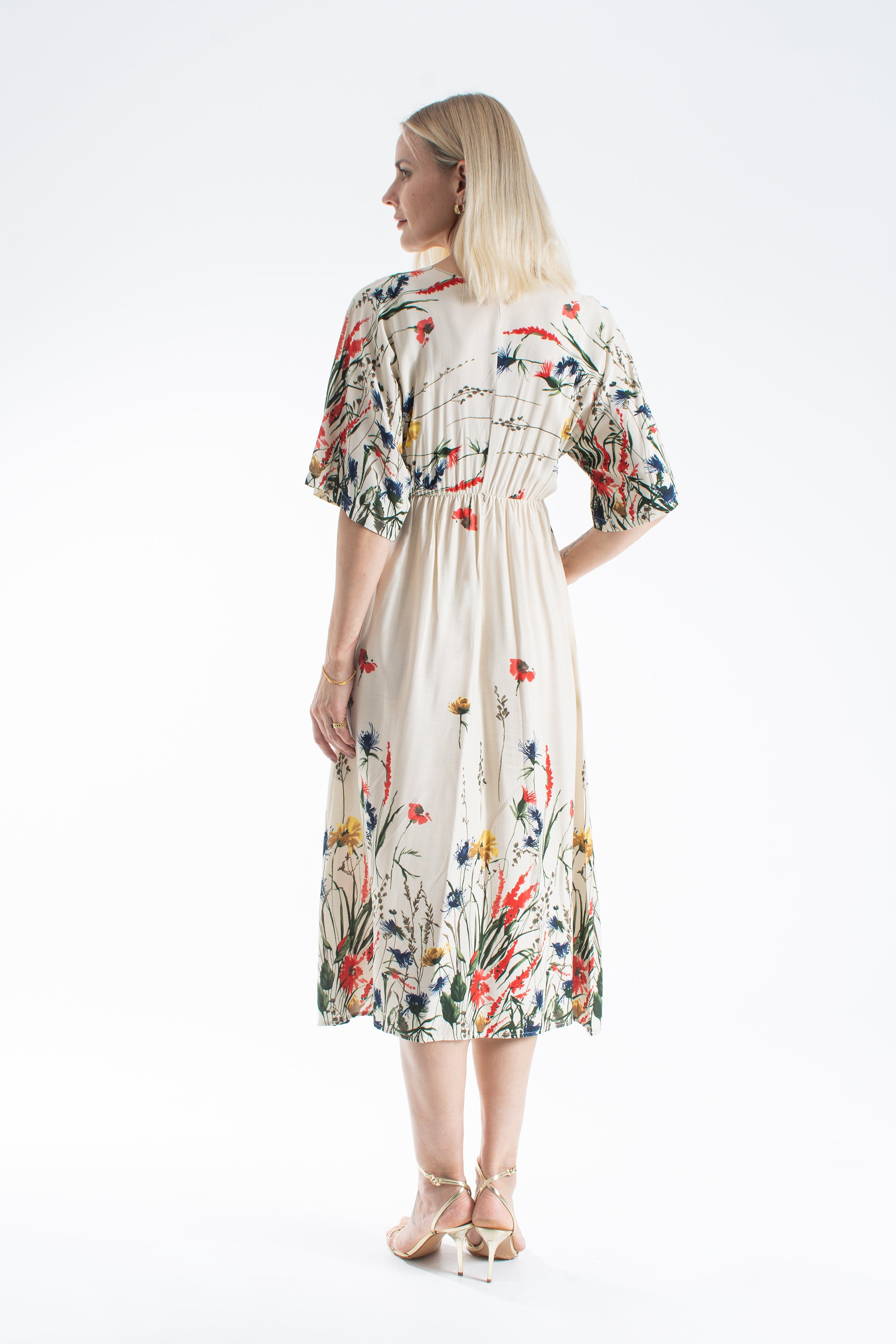 Womens Viscose Floral Print V Neck Short Sleeve Midi Dress