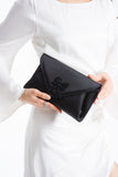 Satin Evening Clutch Bag with Embellishment - Black