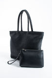 Woven Pu Leather Tote Bag with Matching Zipper Pouch 2PCS Set - Black