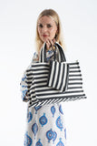 Striped Canvas Summer Tote Bag  with Matching Zipper Pouch 2 Pcs Set
