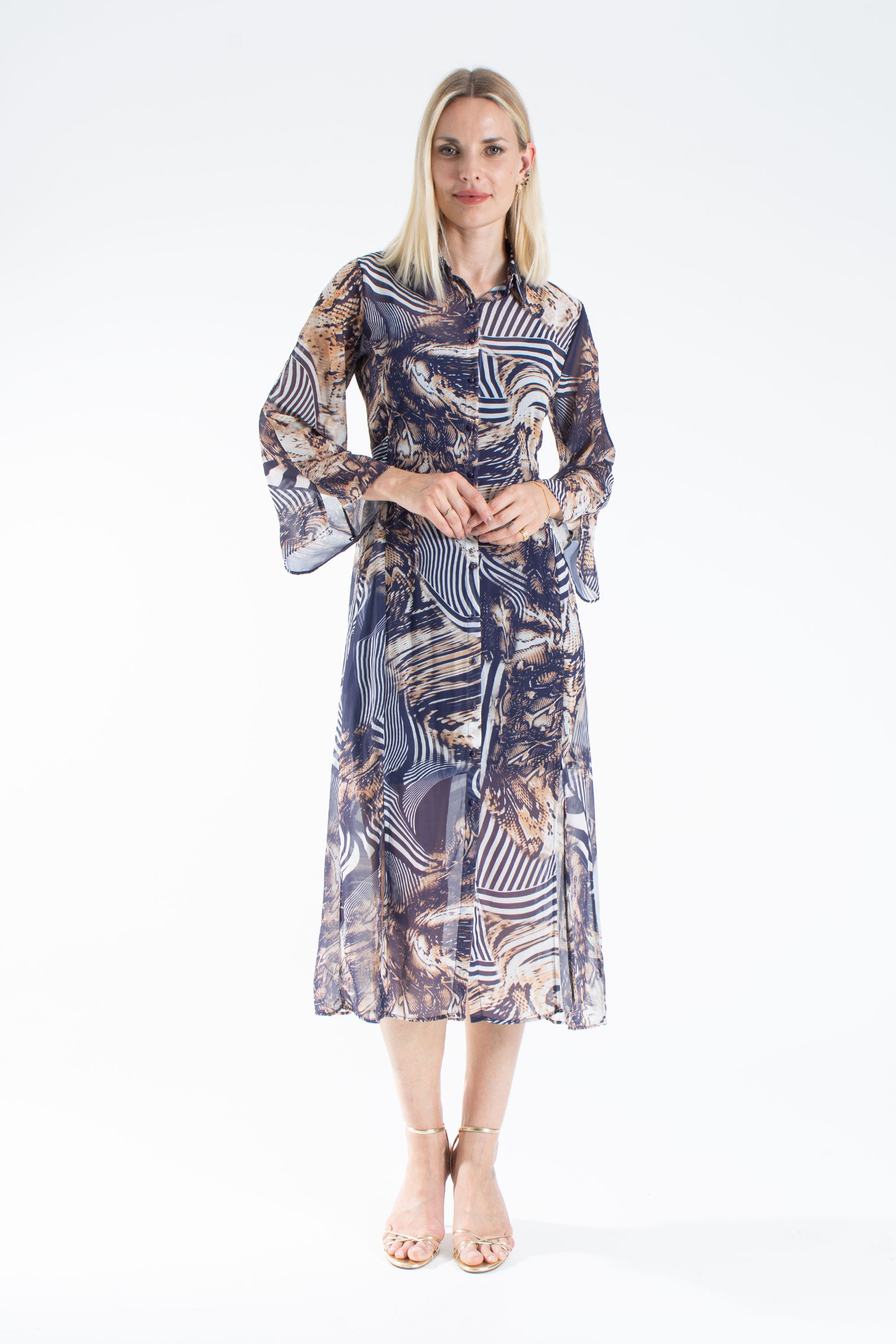 Womens Abstract Print Chiffon Midi Shirt Dress