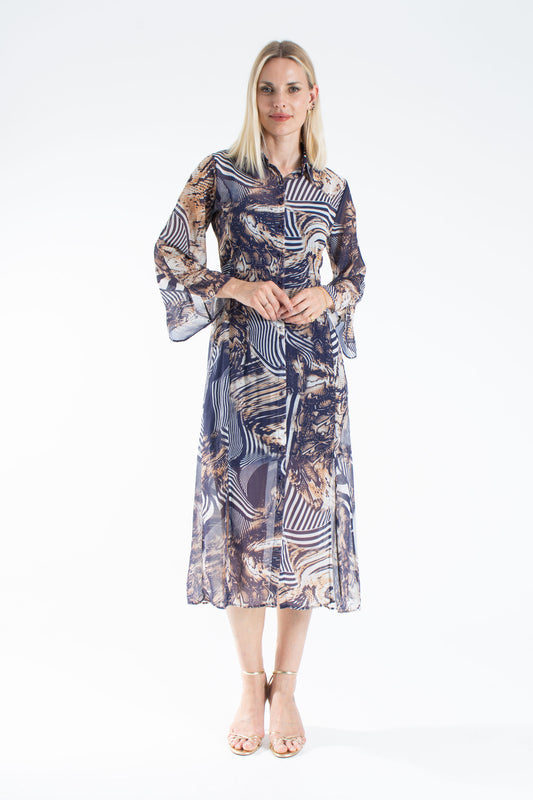 Womens Abstract Print Chiffon Midi Shirt Dress