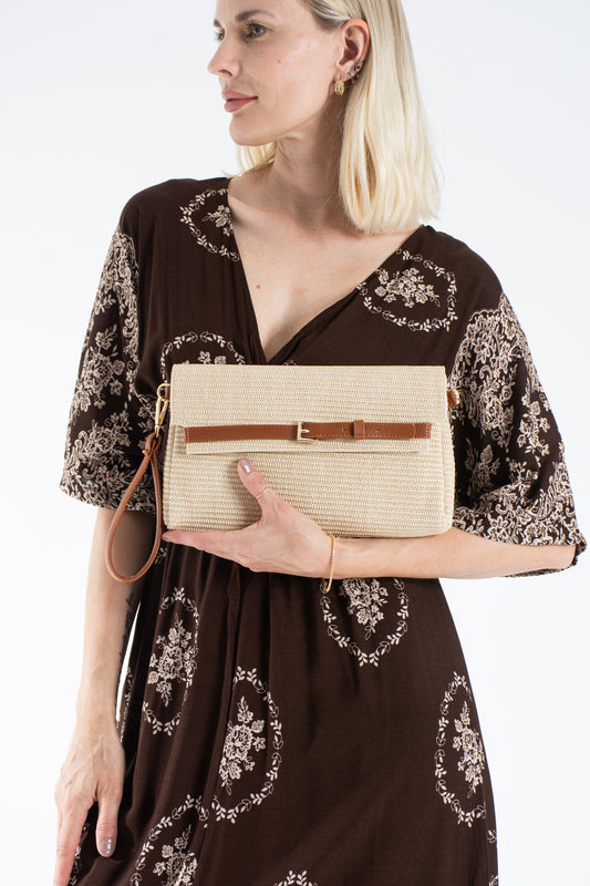 Woven Pu Leather Flap Closure Wristlet & Clutch&Crossbody  3-in-1 - Cream