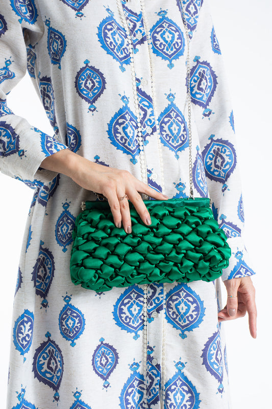 Puffy Quilted Satin Clucth Bag with Detachable Crossbody Strap - Green