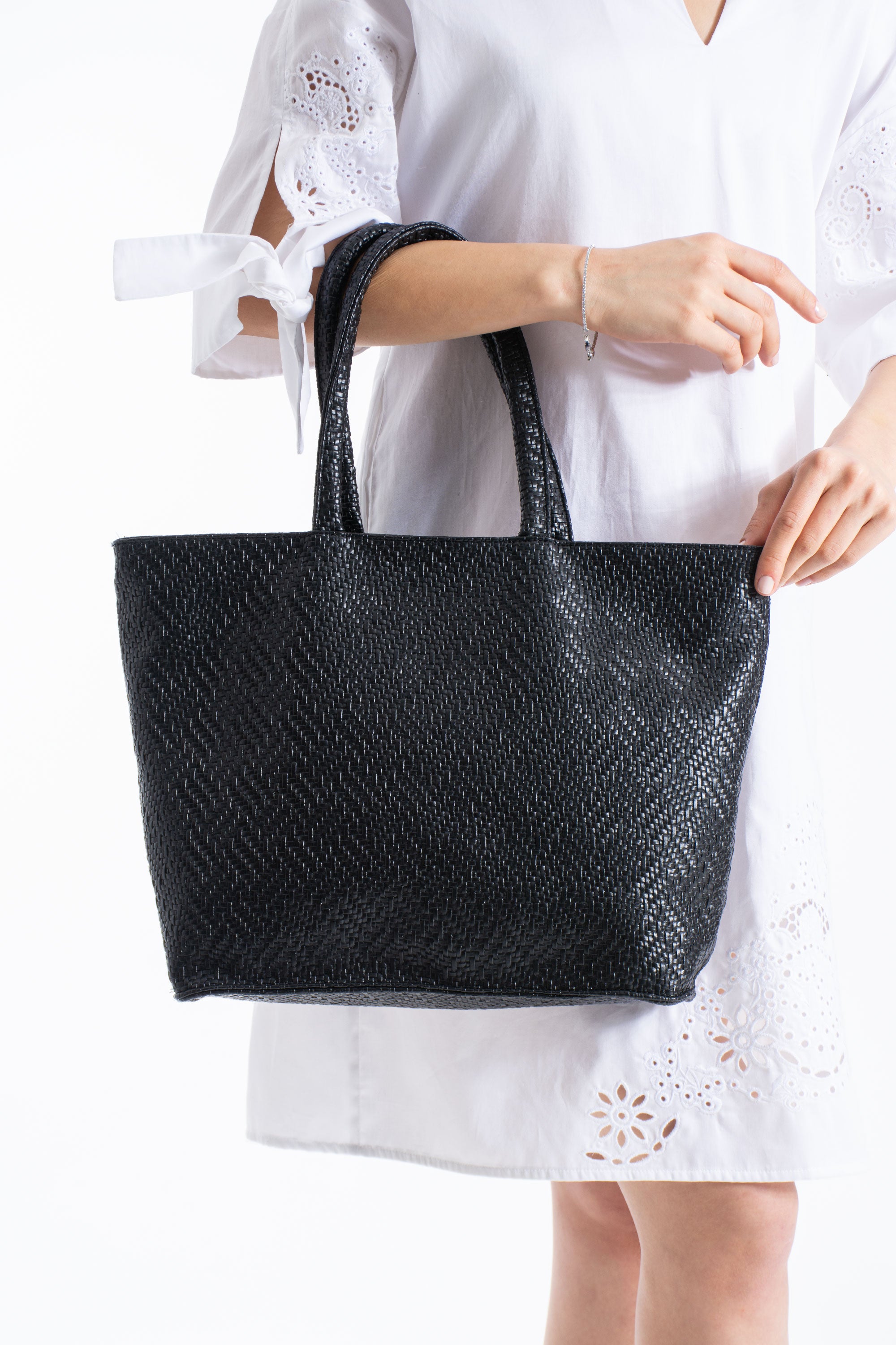 Woven Pu Leather Tote Bag with Matching Zipper Pouch 2PCS Set - Black