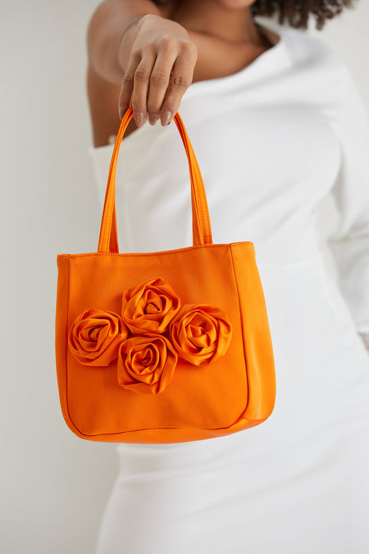 Floral Satin Handbag with Detachable Crossbody Strap - Orange