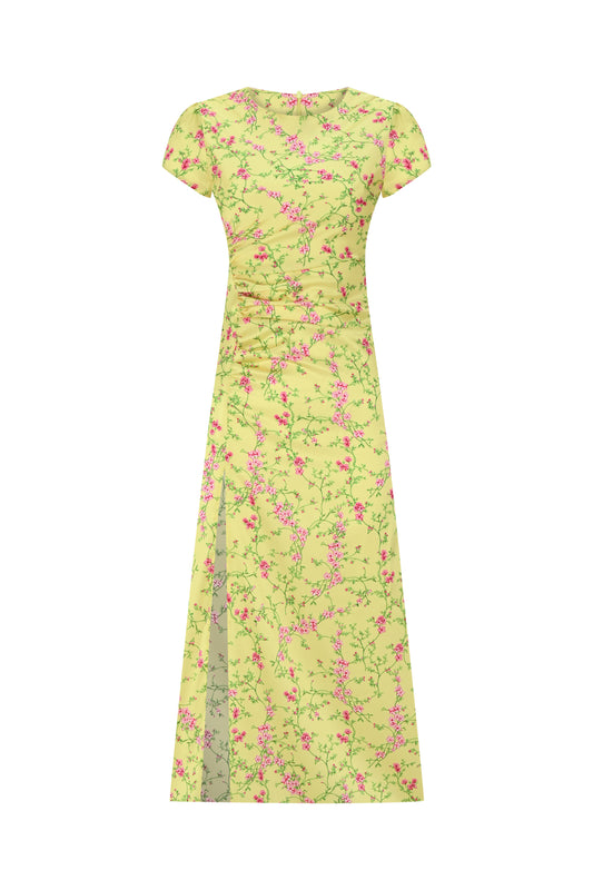Satin-Midikleid mit Seitenschlitz – gelbe Blumen bedruckt