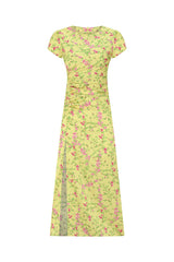 Satin Midi Dress With Side Slit - Yellow Flower Printed
