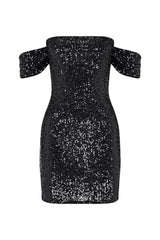 Off Shoulder Diamante Sequin Mini Dress - Black