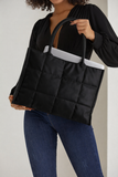 Quilted Pu Leather Tote Bag with Detachable Strap - Black