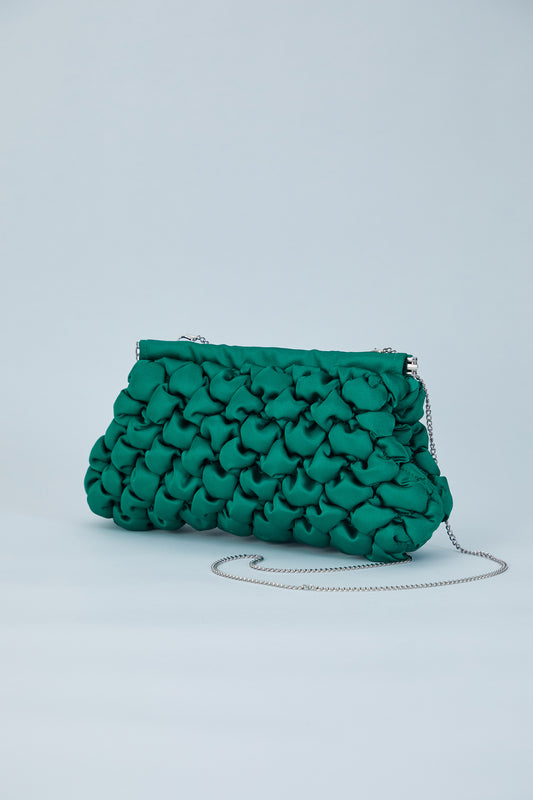 Puffy Quilted Satin Clucth Bag with Detachable Crossbody Strap - Green