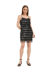 Sequin Tassel Mini Dress - Black