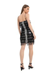 Sequin Tassel Mini Dress - Black