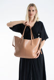 Pu Leather Large Tote Bag with Matching Zipper Pouch  2PCS Set - Nude