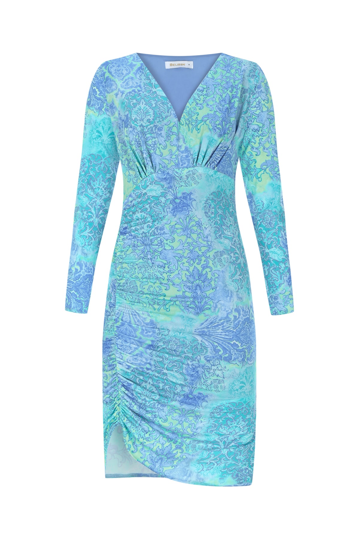 Bedrucktes drapiertes Kleid mit asymmetrischem Saum und V-Ausschnitt – Blau