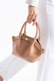 Pu Leather Top Handle Crossbody Bag with Twist Lock Detail - Nude