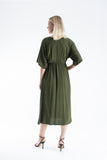 Womens Viscose V Neck Short Sleeve Midi Dress - Khaki