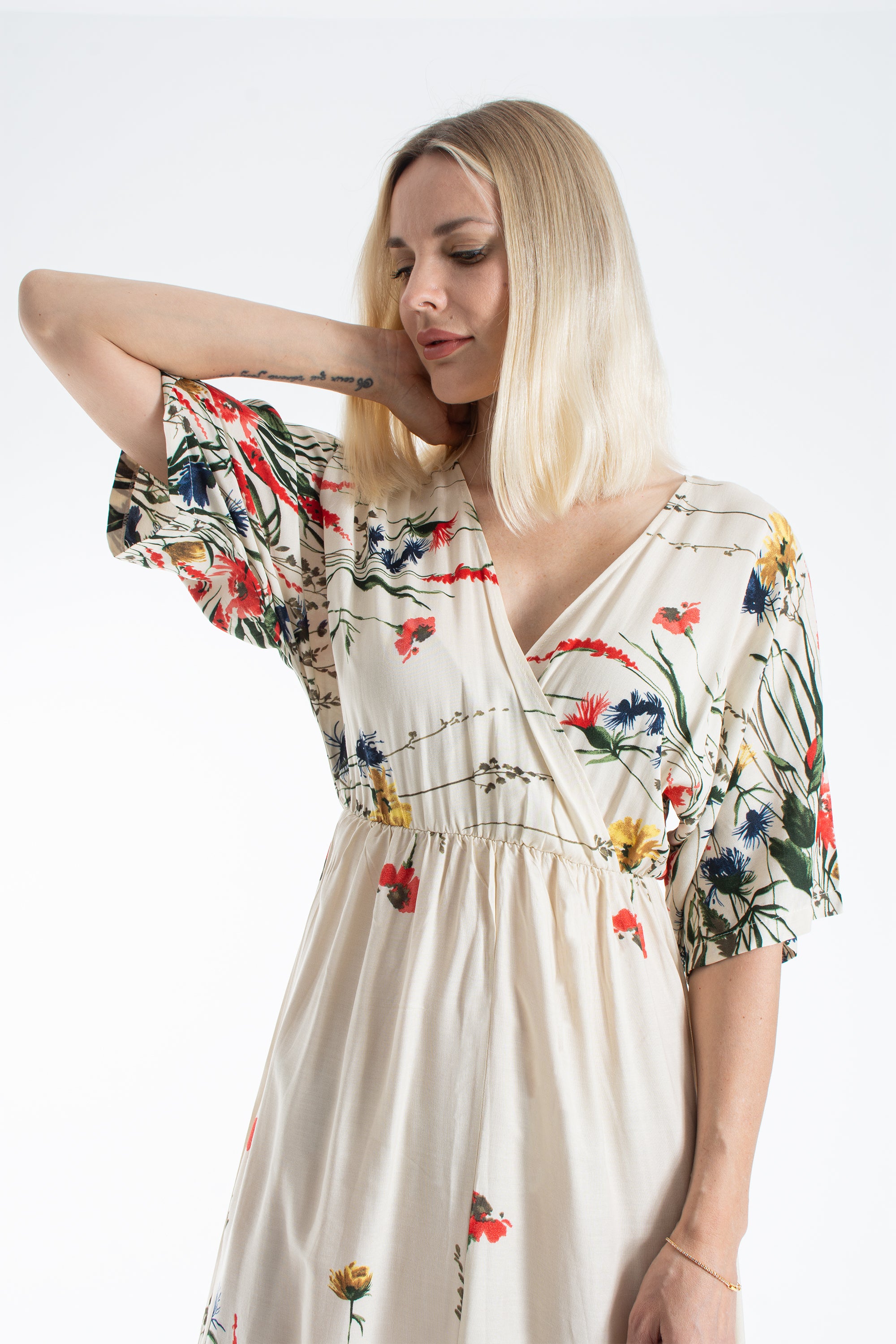 Womens Viscose Floral Print V Neck Short Sleeve Midi Dress
