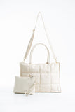Quilted Pu Leather Tote Bag with Detachable Strap - Cream