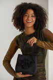 Floral Satin Handbag with Detachable Crossbody Strap - Black