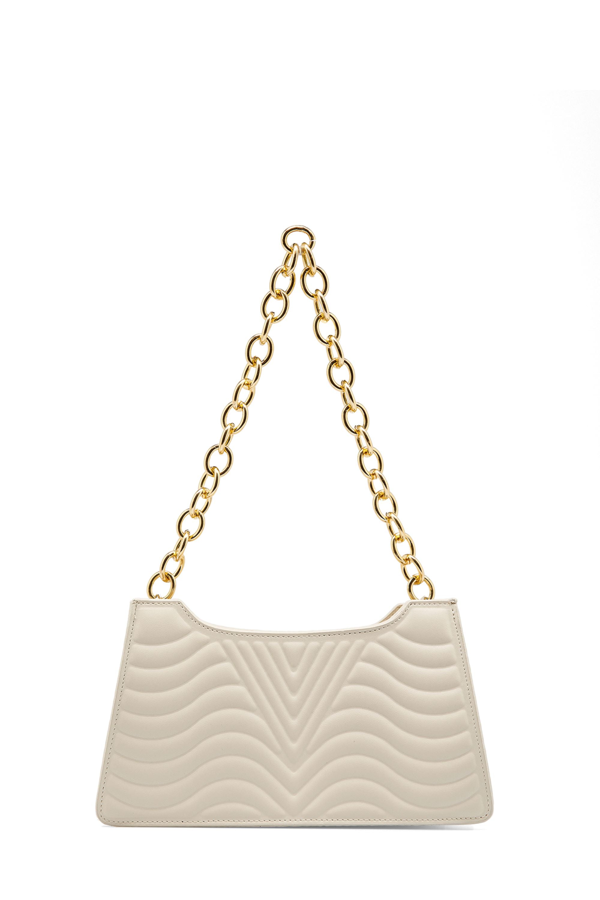 Embossed Pu Leather Chunky Chain Shoulder Bag - Cream