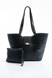 Texured Pu Leather Tote Bag with Matching Zipper Pouch 2PCS Set - Black