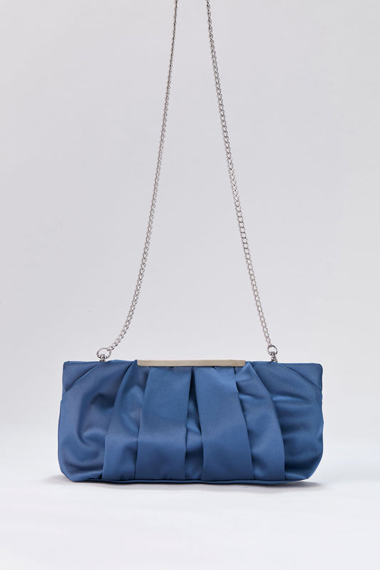 Pleated Satin Clutch Bag with Detachable Strap - Blue