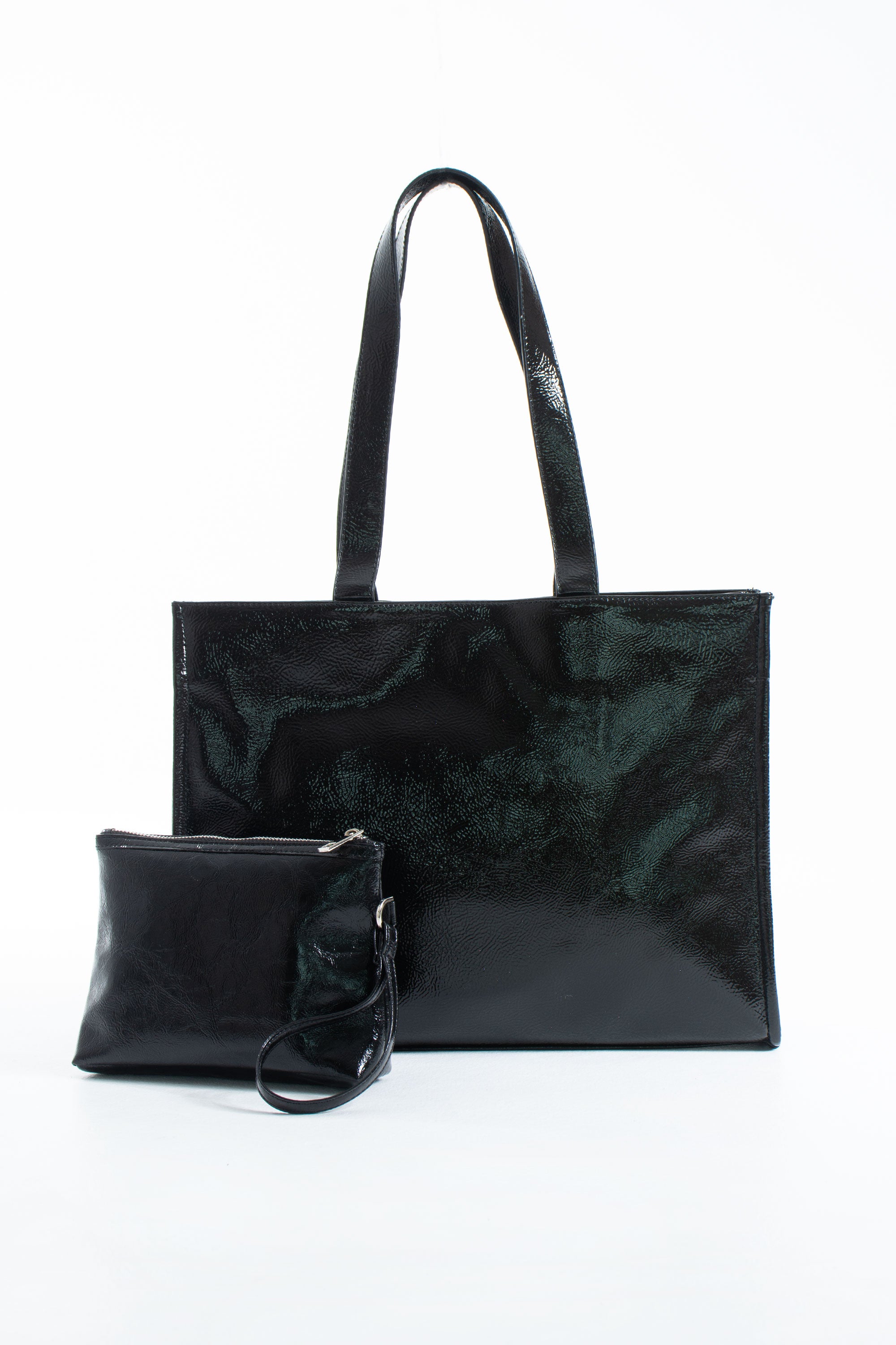 Crinkle Patent Tote Shoulder Bag - Black