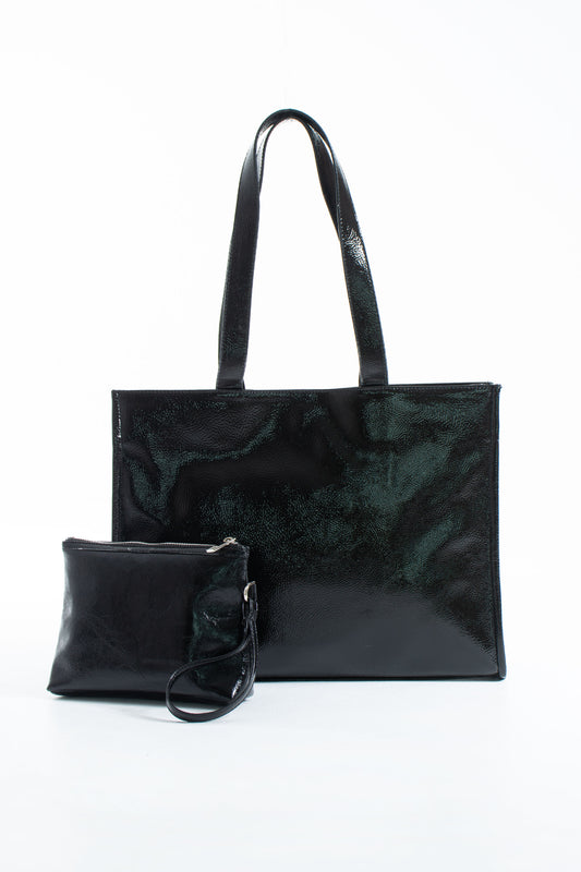 Crinkle Patent Tote Shoulder Bag - Black