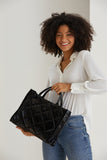 Quilted Tote Bag with Detachable Crossbody Strap - Black