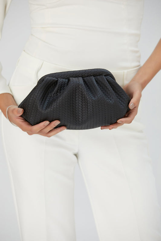 Textured Pu Leather Pouch Bag With Detachable Crossbody Strap - Black