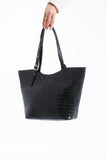 Textured  Pu Leather Tote Bag with Matching Zipper Pouch 2PCS Set - Black