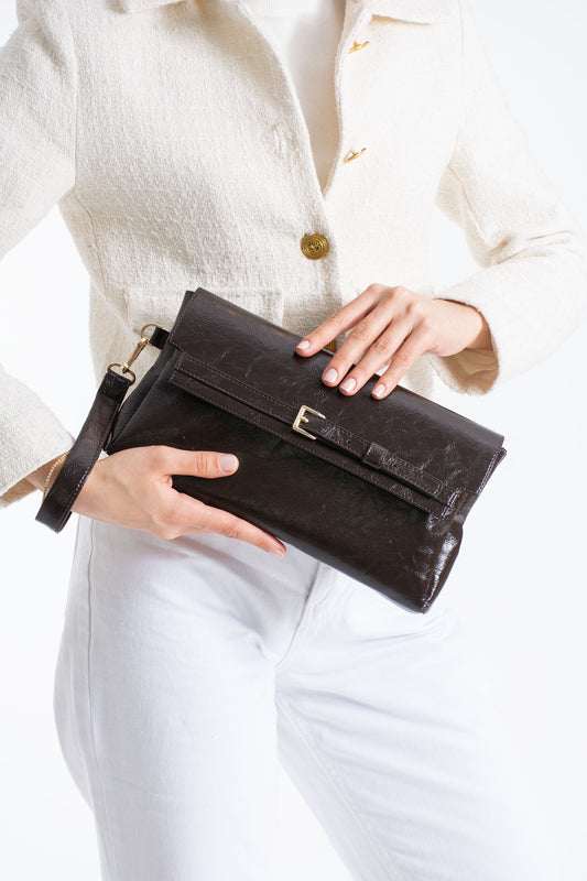 Crinkle Patent Flap Closure Wristlet & Clutc&Crossbody  3-in-1 Handbag - Brown