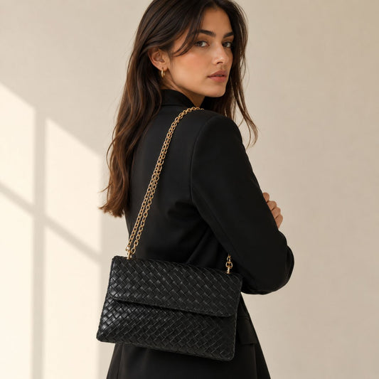 Braided Pu  Leather  Shoulder Bag and Crossbody Bag - Black