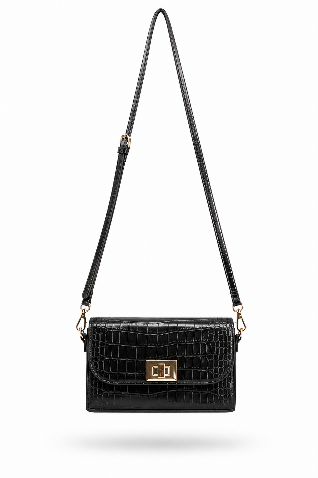 Croc Pu Leather Detachable Strap Crossbody Bag - Black