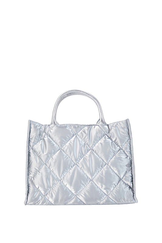 Gesteppte Einkaufstasche aus metallischem Stoff – Silber