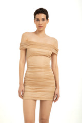 Shimmery Mesh Ruched Mini Dress - Gold