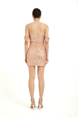 Off Shoulder Diamante Sequin Mini Dress - Nude