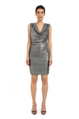 Cowl Neck Metallic Mini Dress - Silver