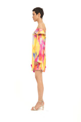 Tie Dye Off Shoulder Mini Dress - Multi-Coloured