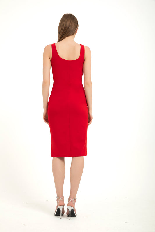 Square Neck Gathered Waist Midi Dress - Red