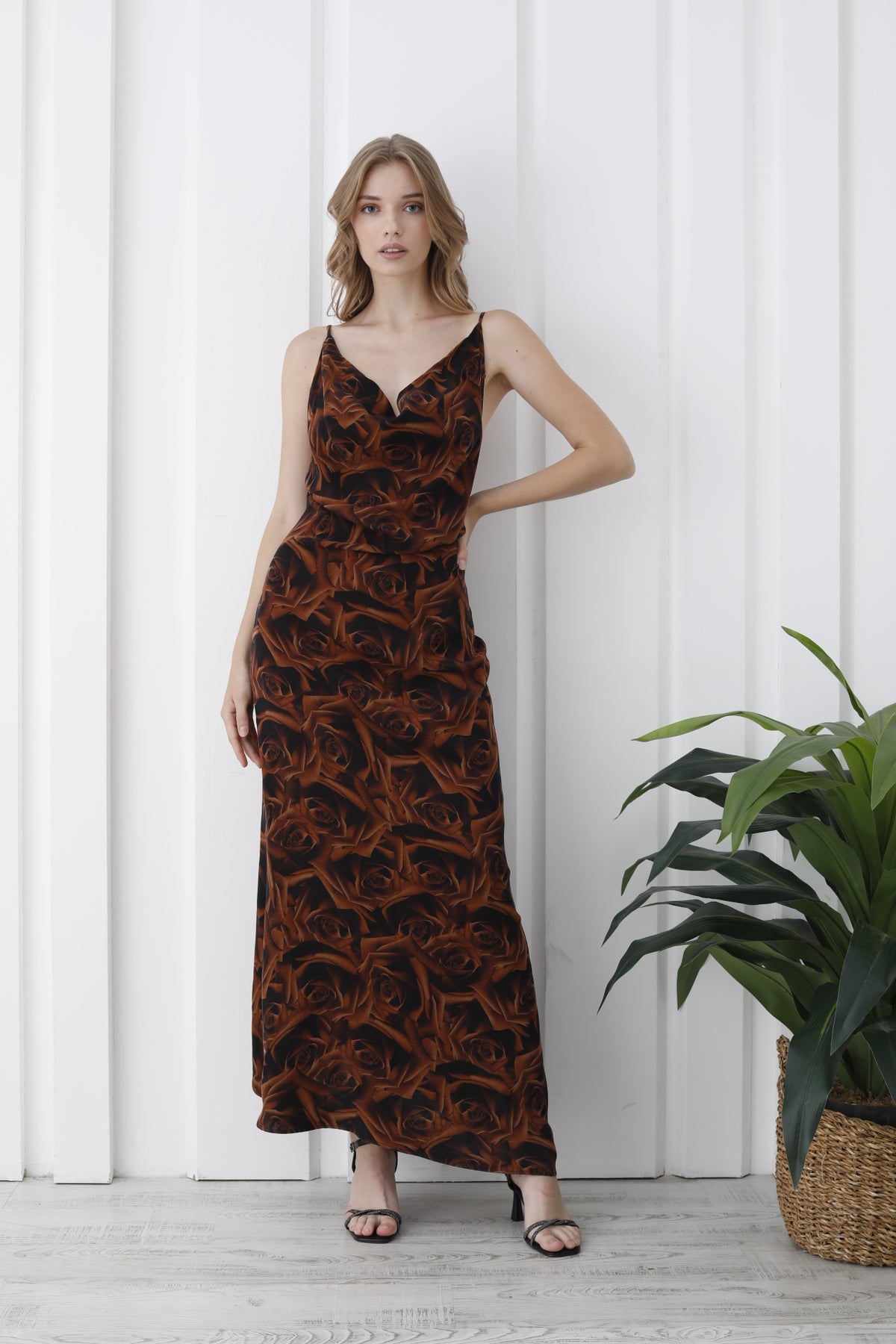 Abstract Rose Print Maxi Dress - Brown