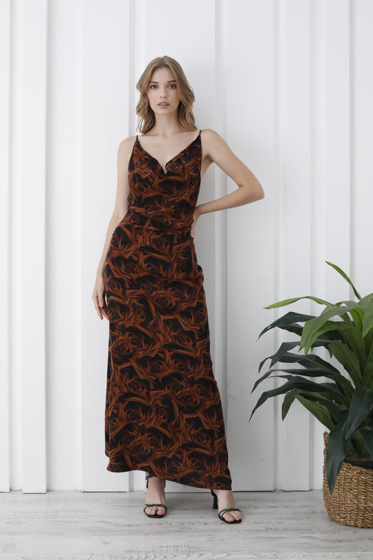 Abstract Rose Print Maxi Dress - Brown