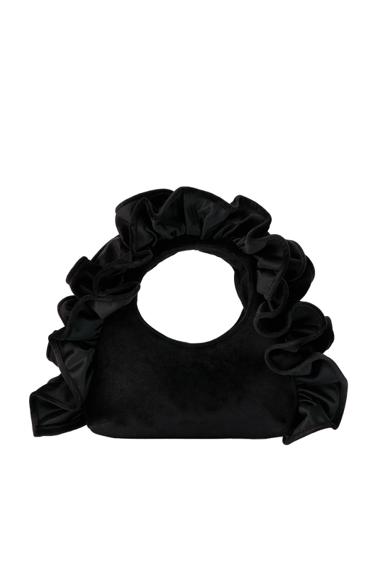 Frill Detail Velvet Shoulder Bag - Black