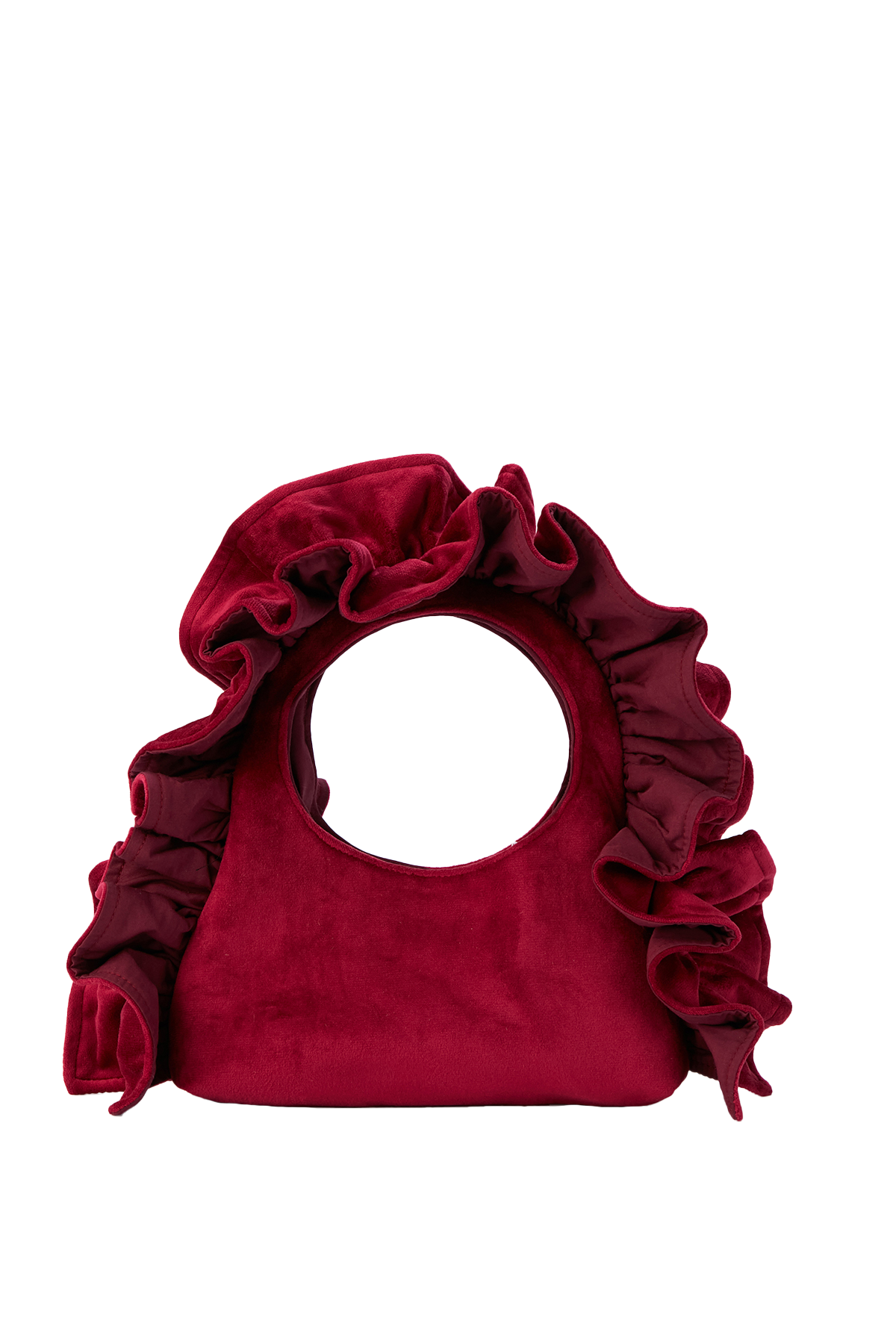 Frill Detail Velvet Shoulder Bag - Burgundy