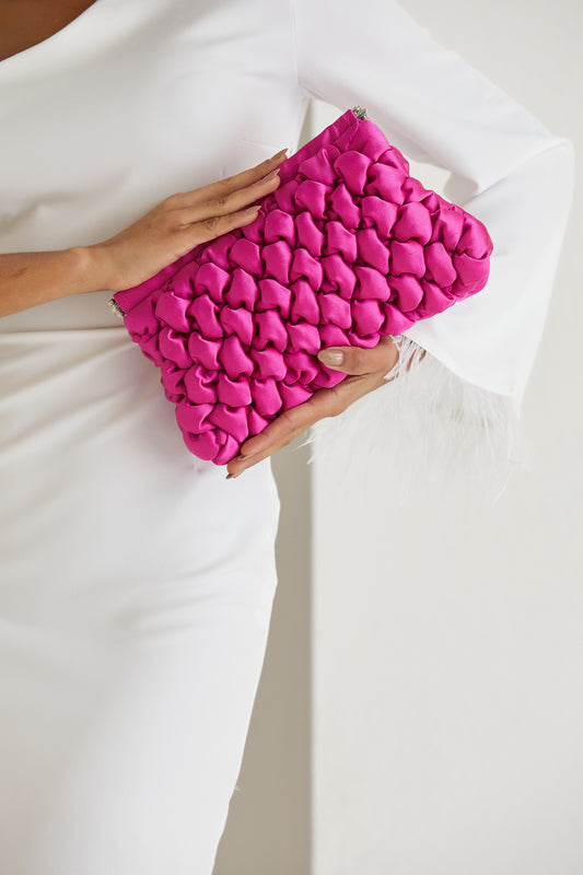 Quilted Satin Clutch Bag  - Fuchsia Pink