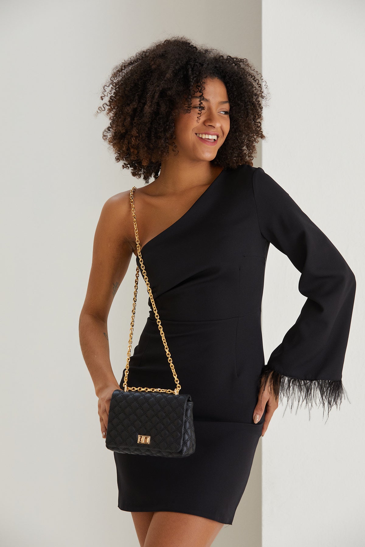 One Shoulder Mini Dress With Faux Feather Cuff - Black