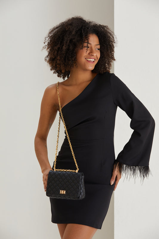 Minirobe asymétrique avec manchette en fausses plumes - Noir 