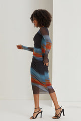 Tie Dye Off Print Midi Dress With Ruched Sides - Multi-Coloured