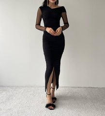 Asymmetric Neck Drape Midi Dress With Front Slit - Black